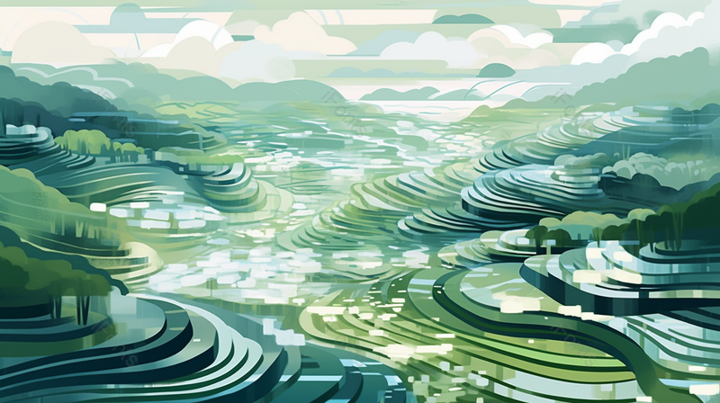 文艺风田园风光下的山间梯田背景,插画/手绘图,插画/手绘图库,插画/手绘图下载,插画/手绘